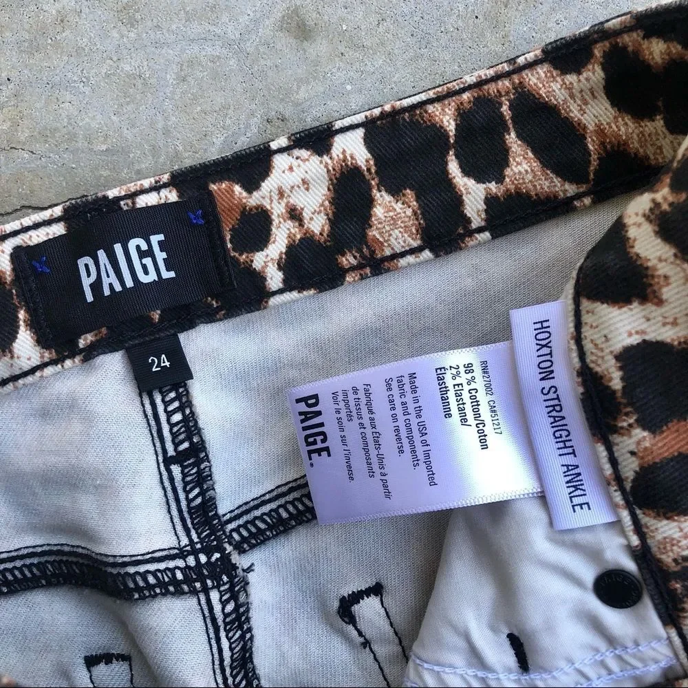 Paige Hoxton Straight Ankle hi high waisted Jeans Leopard Print brown raw hem 24